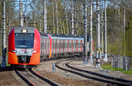 . Russian electric train on rails . The railways of Russia, Russia, Leningrad region, Pargolovo...