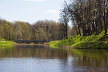 Sunny spring park urban. Warms in the park. Foliage blooms and the grass turns green. Russian park. May.の写真素材