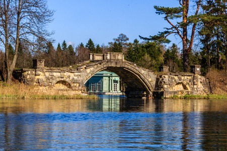 Bridge in the spring in the park. Bridges Russia. Park Russia. Old bridge. Crossing the riverの写真素材