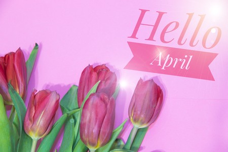 Banner hello april. Hi spring. The second month of spring. Welcome card Hello new month
