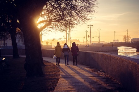 Spit of Vasilyevsky Island at sunset. St. Petersburg downtown. City sights. Evening in the city. April 12, 2018, Russia, St. Petersburgのeditorial素材