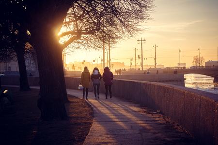 Spit of Vasilyevsky Island at sunset. St. Petersburg downtown. City sights. Evening in the city. April 12, 2018, Russia, St. Petersburgのeditorial素材