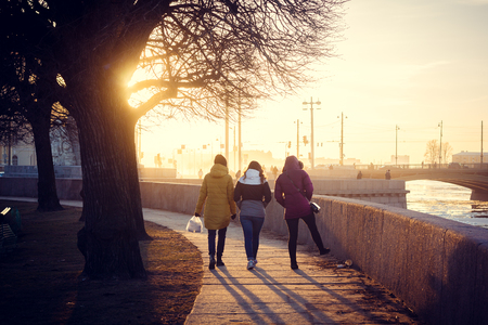 Spit of Vasilyevsky Island at sunset. St. Petersburg downtown. City sights. Evening in the city. April 12, 2018, Russia, St. Petersburgのeditorial素材