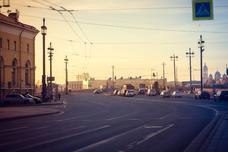 Spit of Vasilyevsky Island at sunset. St. Petersburg downtown. City sights. Evening in the city