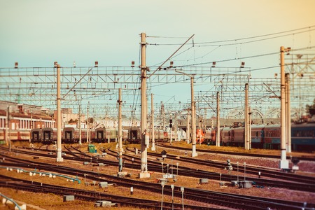 Rails of the Russian railway at sunset. Railway. Rails and sleepers