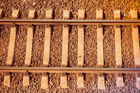 Rails of the Russian railway at sunset. Railway. Rails and sleepersの写真素材