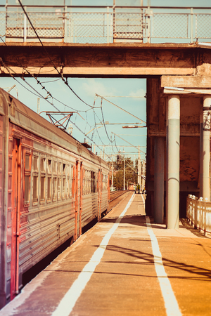 Locomotive goes on rails. Russian train. Russian railway. Locomotive. Russia St. Petersburg August 7 2018のeditorial素材