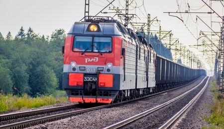 Summer Russian Railway. Locomotive rides on the Russian railway. Railway. Russia, Leningrad region, August 3 2018のeditorial素材