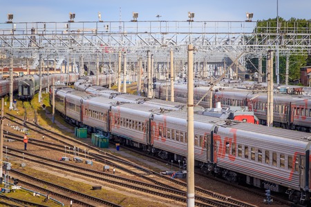 The cars of the Russian passenger train. Russian railway. travel around the country. St. Petersburg Russia August 7, 2018のeditorial素材