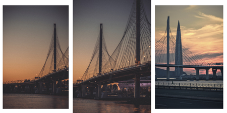 Collage bridge in the evening at sunset. Beautiful bridge in the evening. Picture with a bridge