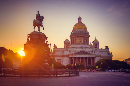 St. Isaac's Cathedral at sunset. City sights. Center of St. Petersburg. Historical temple. Russia, St Petersburg July 13 2018のeditorial素材