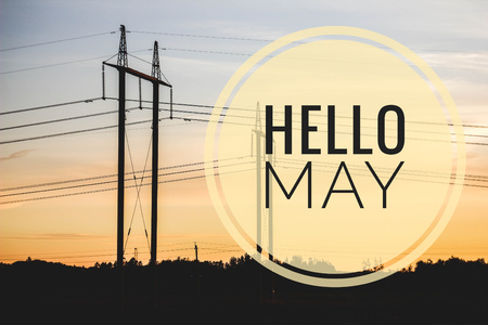 Banner Hello May. Greeting the new month. Hi spring. The text in the picture of the sunset. Evening sunset Sunset. Beautiful skyの写真素材