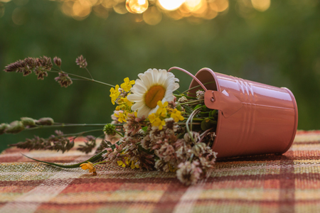 Bouquet of wild flowers in an iron bucket. Beautiful summer wildflowers. Flowers in a bucketの写真素材