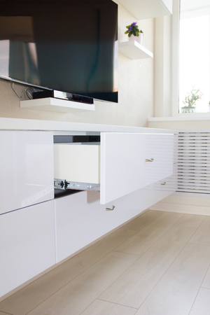 Bright bedroom. Bedroom in white and beige tones. Light room. The interior of the bedroom. Russia, St. Petersburg, June 16, 2018のeditorial素材