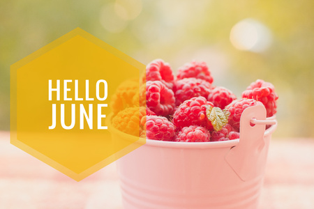 Banner hello june. Text on the photo. Text hello June. New month. New season. Summer month.