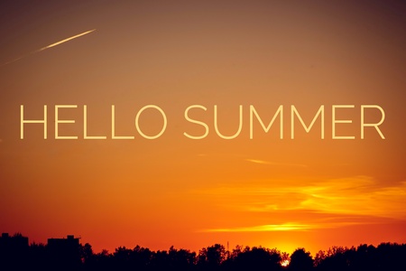 Hello summer banner. Text on the photo. Text hello summer. New month. New season. Summer. Text on photo sunset. Summer sunset. Natureの写真素材