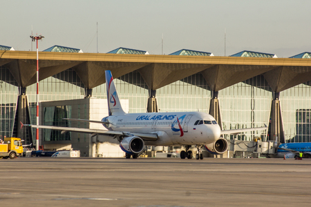 Airplane at the airport. Public transport. Transportation of people. Russia, St. Petersburg, Pulkovo Airport September 28 2017のeditorial素材