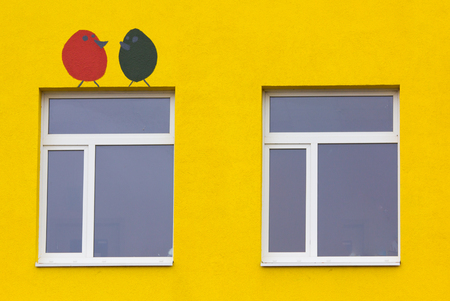 Colored building. Kindergarten. Drawing on the building. Russia, Leningrad region, Gatchina October 13, 2017のeditorial素材
