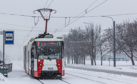 Tram in winter in the city. City public transport. Russia, St. Petersburg February 27, 2016のeditorial素材