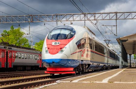 train peregrine falcon high-speed train peregrine falcon Railway. Russian railway. Russia Leningrad region Lyuban May 26, 2019のeditorial素材