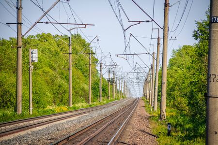 Russian railway. Summer railway. Rails and sleepers Transportの写真素材