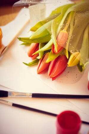 Tulips paper gouache. Draw a postcard. Postcard on March 8. Women's holiday. Flowers and postcardの写真素材