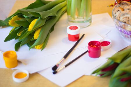 Tulips paper gouache. Draw a postcard. Postcard on March 8. Women's holiday. Flowers and postcardの写真素材