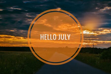 Banner hello july. New month. Welcome card Evening summer sunset.