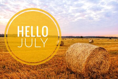 Banner hello july. New month. Welcome card Evening summer sunset. Summer landscape.の写真素材