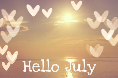 Banner hello july. New month. Welcome card Evening summer sunset. Summer landscape.の写真素材