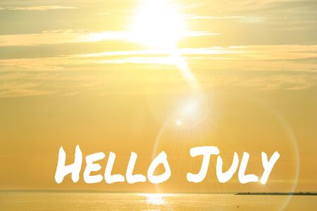 Banner hello july. New month. Welcome card Evening summer sunset. Summer landscape.の写真素材