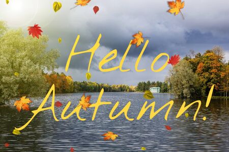 Banner hello autumn Trees in the autumn park. Seasonsの写真素材