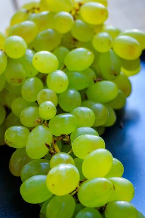 Branch of green grape raisins on a plate. Fruit on a plate. Green berries. Plate on wooden backgroundの写真素材