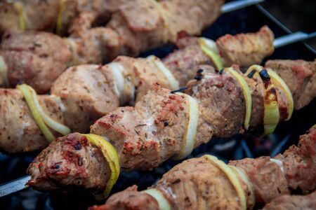 Meat skewers with onions on skewers. Charcoal meat. Cooking meat.の写真素材