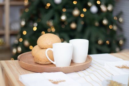 Bright Christmas kitchen . Kitchen interior. Holiday decoration. Warmth and comfort in the houseの写真素材