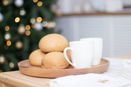 Bright Christmas kitchen . Kitchen interior. Holiday decoration. Warmth and comfort in the houseの写真素材