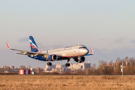 The plane is taking off. Plane at the airport. Airport in Russia's Pulkovo. Official autumn spotting in St. Petersburg, Russia, Pulkovo 22 November 2019のeditorial素材