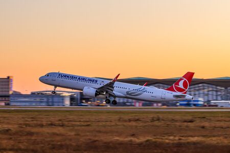The plane is taking off. Plane at the airport. Airport in Russia's Pulkovo. Official autumn spotting in St. Petersburg, Russia, Pulkovo 22 November 2019のeditorial素材