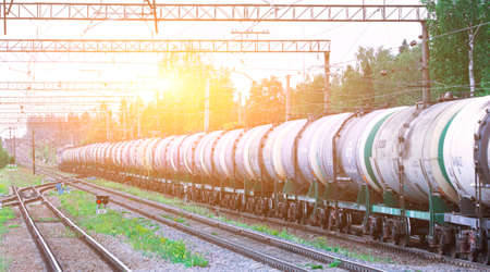 Commodity cars on the railway. Cargo transportation. Panorama of wagons awaiting loading. Russian railway. Turnover. Russia, Siverskaya August 3, 2019のeditorial素材