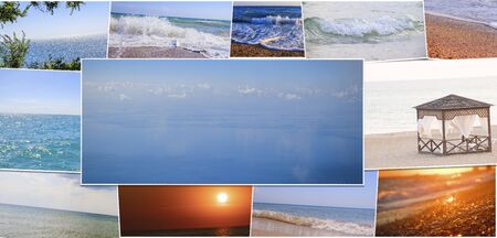 Collage seascapes. Banner sea. Sea summer landscapes. An article about summer vacation at sea....