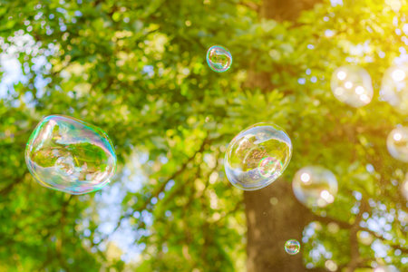 Background soap bubbles on the background of trees. Beautiful color background. Copy space. The concept of a children's holiday and a happy childhood. Bright background concept. Bubblesの写真素材