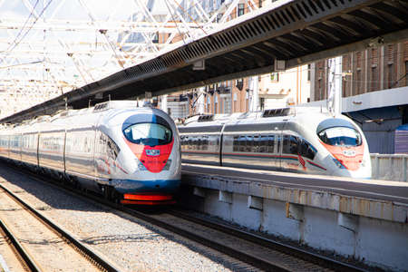 Peregrines at the station. Passenger transport. Speed train. Article about the peregrine Falcon schedule. Saint Petersburg - Moscow. Russia, Saint Petersburg 30 July 2020のeditorial素材