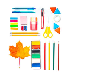 Office supplies layout on a white background copy space . School supplies. Colored stationery. Isolated background. Article about preparing for the school year. Copy spaceの写真素材