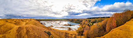 Panorama landscape of autumn. Beautiful scenery. The colors of autumn. Orange trees. New season. Natureの写真素材