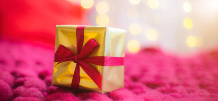 Gift on a blanket new year. a festive atmosphere. Article about choosing a gift. Bokeh lights. Garland defocus. Gift on the background of a garland. copy spaceの写真素材