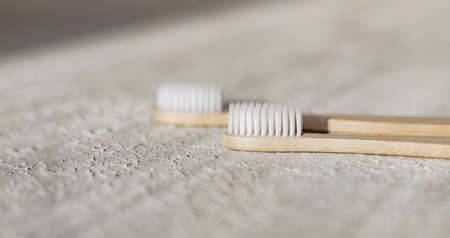 Bamboo brushes. Toothbrush. Dental health.の写真素材