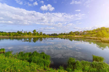 Summer landscape sunrise on the lake.の写真素材