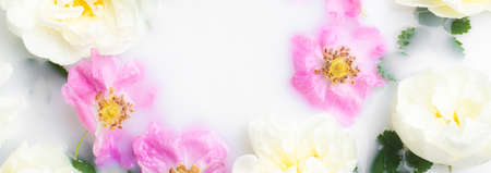 Bush rose in milk. Flowers in milk. Spa treatments. Romantic. Romantic setting. Fresh flowers. Copy...