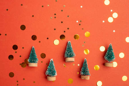 New Year's layout on a red background with balloons. New Year and Christmas copy space. ... Festive decoration. Christmas ballsの写真素材