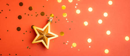 New Year's layout on a red background with balloons. New Year and Christmas copy space. ... Festive decoration. Christmas ballsの写真素材